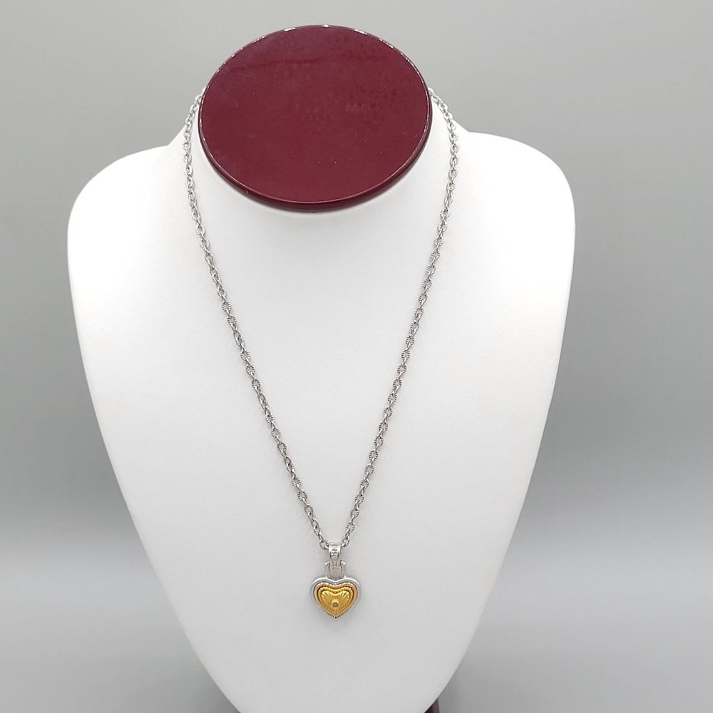 Silver Tone Mini Heart Pendant Necklace Gold Charm Round Link Chain 16 in